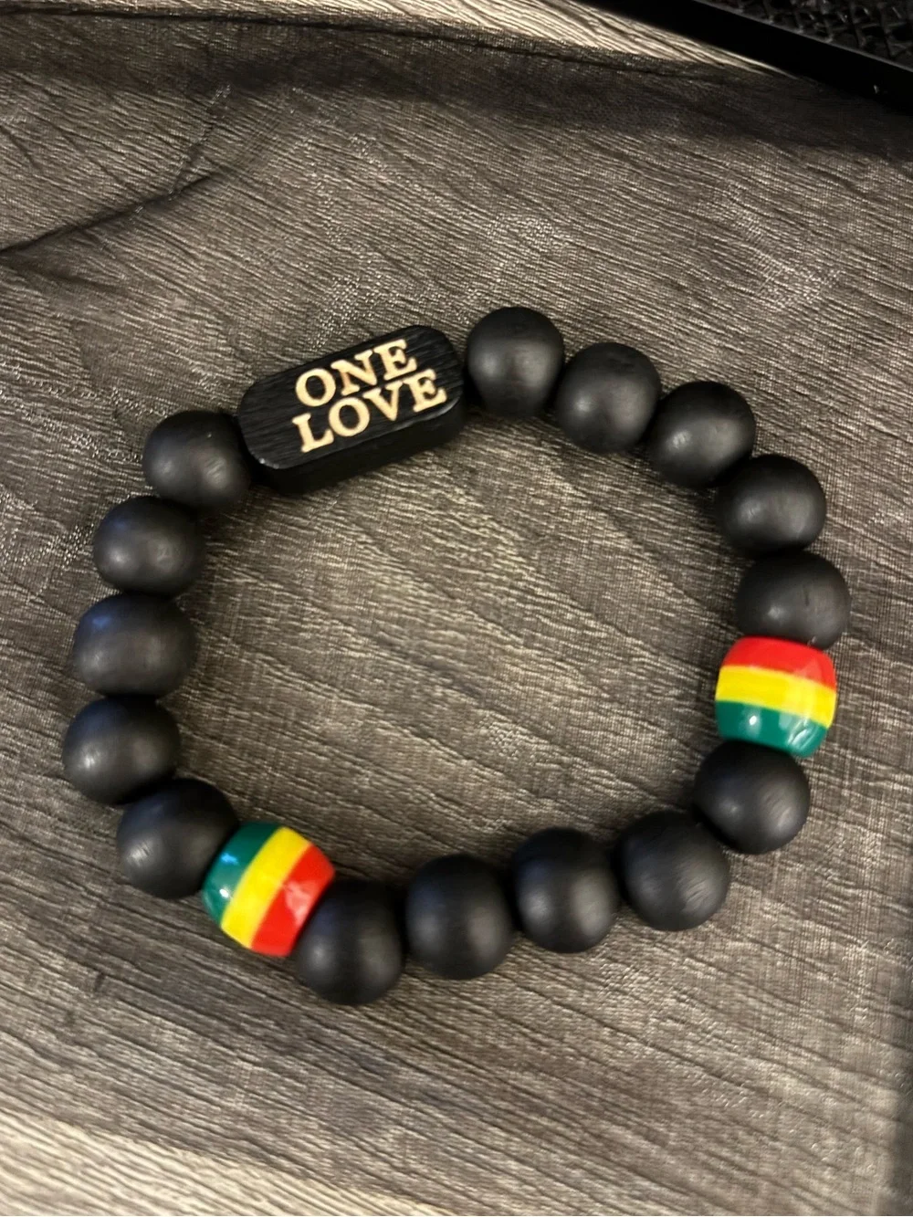 One Love Black Beaded Bracelet with Rasta Accent